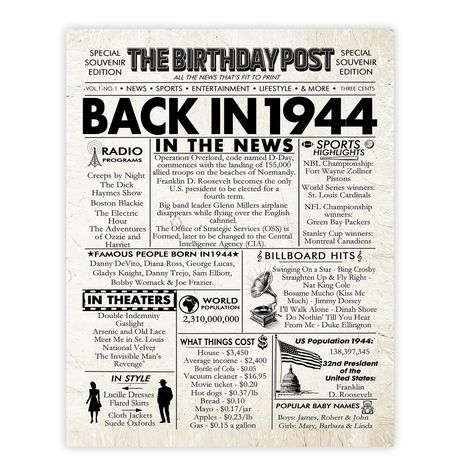 PRICES MAY VARY. MAKE THEM SMILE WITH THIS IDEAL 80TH BIRTHDAY GIFT IDEA: This exceptional quality poster for her or him shows the design with historical facts from 'Back in 1944'. If you are looking for birthday canvas for pictures, then then this happy birthday gift is bound to make them smile. Not just for friendship gifts for women this could also be a birthday gift for Mom, Dad, Grandma, Grandpa, Aunt or Uncle. WHAT DO YOU GET: The classic poster is printed on one side and can be assembled Bday Party Decor, Birthday Gifts For Men, Birthday Poster, 80th Birthday, Women Vintage, Bday Party, Gifts For Men, Party Decor, Newspaper