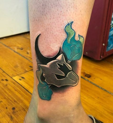 pokemon tattoo Marowak Tattoo, Alolan Marowak, Ghost Pokemon, Pokemon Tattoo, Cute Tattoos, Tattoos And Piercings, I Tattoo, Tattoos For Guys, Tatting