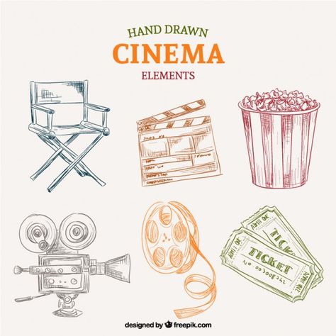 Sketches colored cinema elements Premium... | Premium Vector #Freepik #vector #hand Film Roll Drawing, Cinema Sketch, Cinema Drawing, Props Illustration, Cinema Painting, Paint Magic, Pop Culture Tattoos, Western Logo, Culture Tattoos