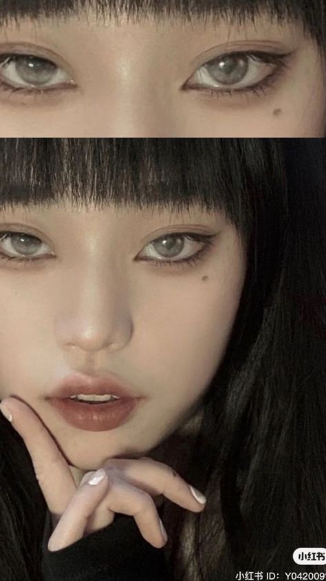 Serious Makeup Look, Tomie Outfit Ideas, Tomie Makeup Tutorial, Asian Eyes Aesthetic, Boyish Makeup, Manhwa Makeup, Korean Eye Makeup Tutorial, Small Eyes Makeup, Doe Eyes Makeup