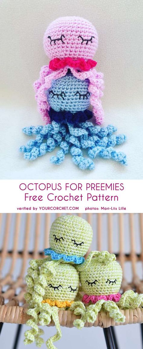 Sleeping Octopus For Preemies Free Crochet Pattern Octopus For Preemies, Preemie Octopus, Beanie Hat Crochet Pattern, Amigurumi Octopus, Preemie Crochet, Octopus Crochet Pattern, Crochet Toys Free, Baby Crochet Patterns Free, Crochet Octopus