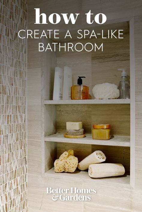 Reinforce the spa look with extra details, like aesthetically pleasing bath products that blend with your color scheme. If your favorite products don't come in spa-worthy packaging, consider decanting your hand soap or shampoo and conditioner into pretty bottles. #bathroom #bathroomideas #homedecor #bathroomremodel #bhg Spa Bathroom At Home, Spa Bathroom Color Schemes, Spa Like Shower Ideas, Master Bath Storage Ideas, Spa Like Bathroom Ideas, Spa Bathroom Ideas Master Bath, Bathroom Colors Ideas, Spa Themed Bathroom, Shower Shelving