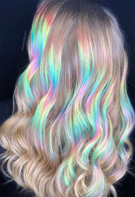 53 Magical Holographic Hair Color Ideas to Embrace the Pastel Rainbow Halo Hair Colors, Highlights 2024, Fantasy Hair Color, Unicorn Hair Color, Holographic Hair, Rainbow Hair Color, Cute Hair Colors, Neon Hair, Pastel Grunge