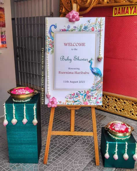 Seemantham Entrance Board, Housewarming Welcome Board Indian, Seemantham Welcome Board, Mehandi Welcome Board, Baby Shower Entry Ideas, Seemantha Decoration, Easel Stand Wedding, Housewarming Welcome Board, Baby Shower Welcome Board