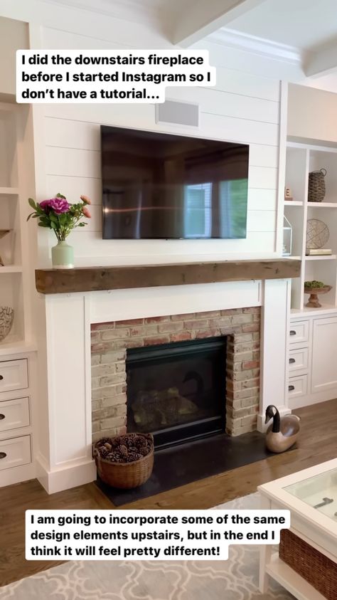 Wood Fireplace Remodel, Wood Fireplace With Tv Above, Gas Fireplace Remodel, Brick Fireplace With Shiplap, Shiplap Over Brick Fireplace, Shiplap Corner Fireplace Wall, Fireplace With Shiplap Above, Corner Fireplace With Shiplap Wall, Rustic Fireplaces Farmhouse Style