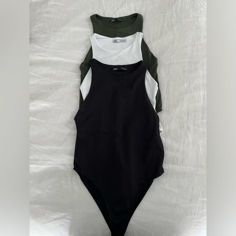 High Neck Bodysuits, White One Was Worn Once, The Others Are Unworn. Black, White And Olive Green. Zara Black, Zara Tops, Olive Green, High Neck, Zara, Womens Tops, Black White, Black And White, Green