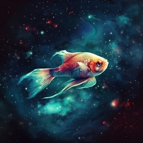 Golden fish swimming in open space like in aquarium on galaxy background. Fantasy, dream concept royalty free stock photos Background Fantasy, Fantasy Dream, Golden Fish, Galaxy Background, Vector Food, Fish Swimming, Open Space, Free Stock Photos, Photo Image