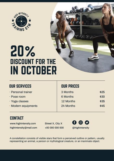 Free High Intensity Training Gym Discount Poster template Gym Membership Poster, Fitness Class Poster, Gym Advertisement Poster, Gym Poster Design, Gym Ads, Gym Marketing, Gym Story, Gym Rules, Gym Flyer