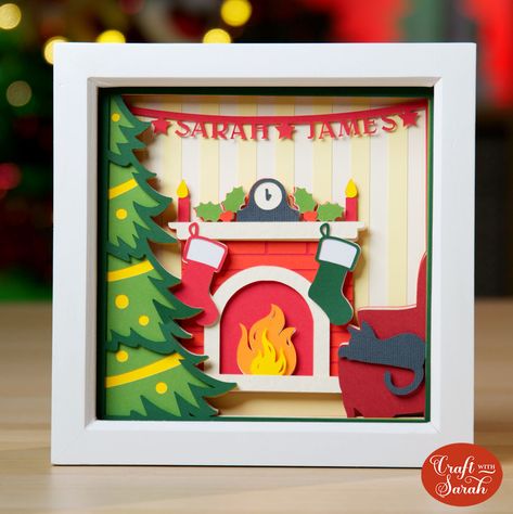 DIY Warm & Cozy Christmas Shadow Box to Personalize! - Craft with Sarah Hygge Fireplace, Christmas Shadow Box Svg, Warm Cozy Christmas, Fireplace Box, Paper Flower Arrangements, 달력 디자인, Christmas Shadow Boxes, Shadow Box Svg, 3d Shadow Box