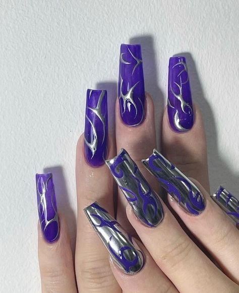 Lightning Nails, 2023 Birthday, Witch Nails, Purple Acrylic Nails, Hippie Nails, Punk Nails, Airbrush Nails, Blue Acrylic Nails, Edgy Nails