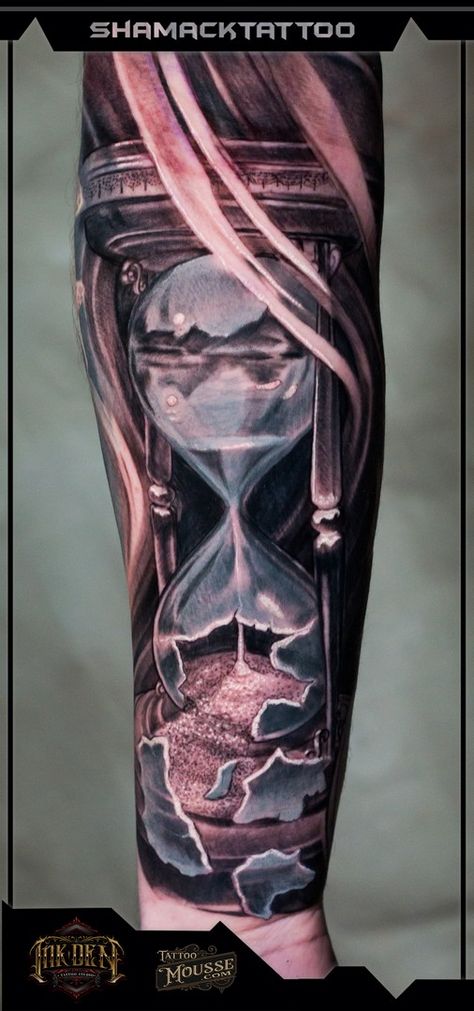 hourglass forearm timepiece tattoo Done at Inkden Tattoo Studio by Shamack Malachowski Blackpool Sand Time Tattoo, Timepiece Tattoo, Broken Hourglass, Colour Tattoos, Skull Hand Tattoo, Hourglass Tattoo, Sand Clock, Beet Recipes, Leg Sleeve