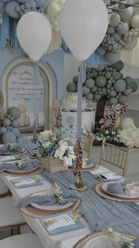 Luxury Party Planning•Event Styling •Balloon Decor | Winnie the Pooh Baby Shower oh so sweet as hunny 🍯 with all these details. When working on any theme it’s so important to us as your… | Instagram Winnie The Pooh Blue Balloon, Baby Shower Ideas Baby Boy, Winnie The Pooh Party Theme, Baby Shower For Boys Ideas, Baby Elephants Baby Shower Ideas, Luxury Baby Shower Ideas Boy, Blue Winnie The Pooh Baby Shower Ideas, Boy Babyshower Themes, Boy Babyshower Ideas