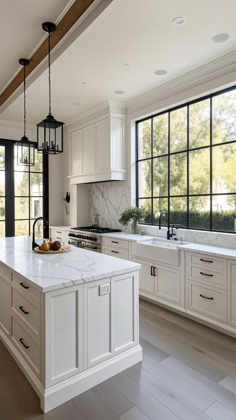 Aesthetic Kitchens Modern, Small Kitchen Ideas No Island, Dream Kitchen Modern Farmhouse, Clean White Modern Interior, Country Contemporary Kitchen, House With Black Accents, White Black And Gold Kitchen, Morden Kitchen Ideas, Home Inspo Aesthetic