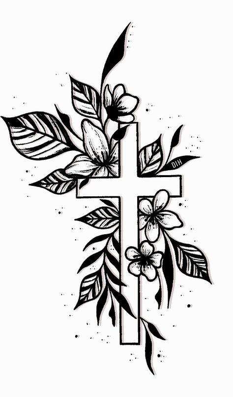 Family Tree Tattoo Stencil, Cross And Flowers Drawing, Tattoo Stencils Outline For Women Arm, Cross And Roses Tattoo For Men, Christian Flash Tattoo, Cross Tattoo Designs Feminine, Female Cross Tattoos, Cross With Flowers Drawing, Flower Memorial Tattoo