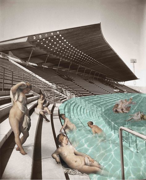 ben goldstein invites renaissanse women to swim in nervi's stadium Filipino Architecture, Women Swimming, Floating Architecture, Model Sketch, Collage Drawing, Architecture Board, Architecture Collage, Architecture Graphics, Architecture Concept Drawings