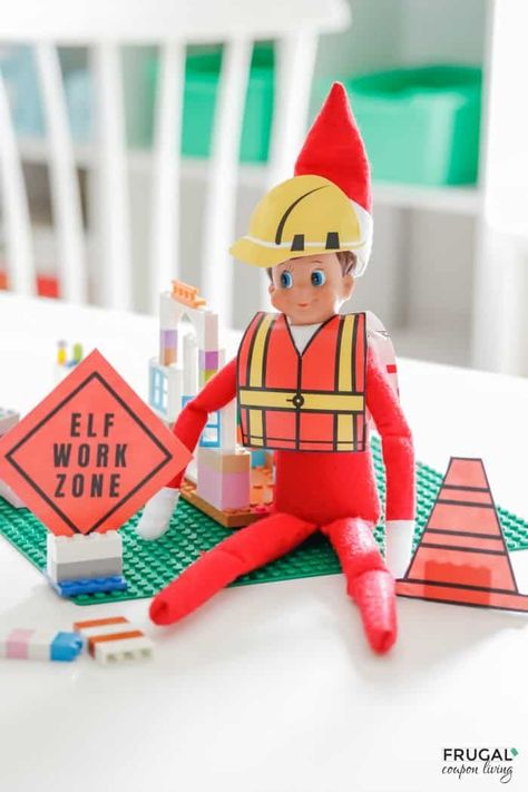 Elves at Work! Download this digital Elf Work Zone Construction Elf on the Shelf Vest and Construction Props printables. Scout Elves at Play. Build a construction zone with building blocks, LEGOs or Construction Toys. New Elf on the Shelf ideas daily plus free Elf on the Shelf printables. #FrugalCouponLiving #construction #constructionideas #ElfontheShelf #ElfontheShelfIdeas #ElfIdeas #funnyelfideas #elfprintables #printables #ElfonaShelf #ScoutElfIdeas #scoutelvesatplay Elfing Neighbors Ideas, Elf On The Shelf Dress Pattern, Elf Construction Site, Elf Banana Ideas, 2022 Elf On The Shelf Ideas, Diy Elf On The Shelf Accessories, Elf On The Shelf Clothes Patterns Free, Elf Outfit Ideas, Elf Printables Free