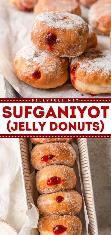 Your Jewish food won't be complete without these jelly-filled donuts! They're a simple Hanukkah dessert. Deep-fried then dusted in sugar, these homemade jelly donuts are irresistible! Save this Sufganiyof recipe! Jelly Donuts Recipe, Jewish Dishes, Baking Biscuits, Jelly Donuts, Hanukkah Dinner, Jewish Foods, Crazy Cake, Hanukkah Food, Cream Pies