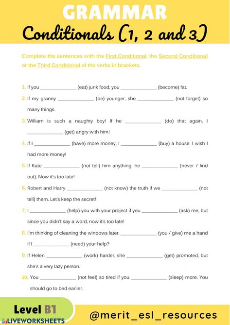 Conditionals interactive and downloadable worksheet. You can do the exercises online or download the worksheet as pdf. Conditionals Grammar, Second Conditional, First Conditional, Conditional Sentences, Sentence Types, Imperative Sentences, Tenses English, English Clothes, 1 Worksheet