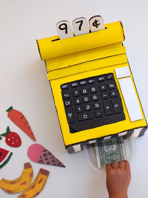 DIY Cardboard Cash Register | Handmade Charlotte Diy Play Cash Register, Diy Cash Register, Cardboard Cash Register, Play Cash Register, Drawer Ideas, Toy Cash Register, Scissors Crafts, Cash Box, Handmade Charlotte