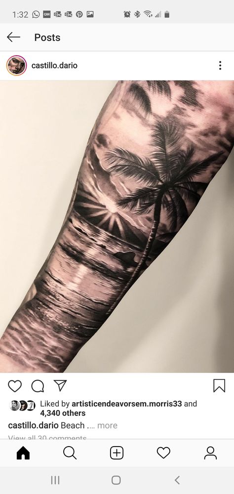 Beach Forearm Tattoo Men, Tropical Tattoo Sleeve For Men, California Tattoos Men, Half Sleeve Tattoos For Guys Family, Beach Forearm Tattoos For Women, Beach Sleeve Tattoo Men, Beach Landscape Tattoo Design, Beach And Ocean Tattoo, Ocean Realism Tattoo