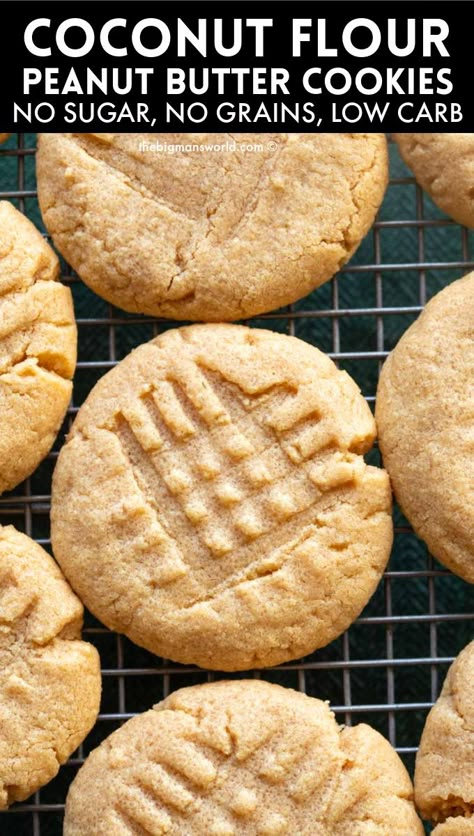 These coconut flour peanut butter cookies are so thick and chewy, you won't believe these are low carb! No sugar and no grains needed, they take less than 10 minutes to make. Keto, gluten free, grain free. Keto Peanut Butter Cookies Coconut Flour, Coconut Flour Snacks, Coconut Peanut Butter Cookies, Coconut Flour Peanut Butter Cookies, Peanut Butter Cookies 4 Ingredients, Hyper Ketosis, Keto Coconut Cookies, Chocolate Peanut Butter Oatmeal Cookies, Flourless Recipes