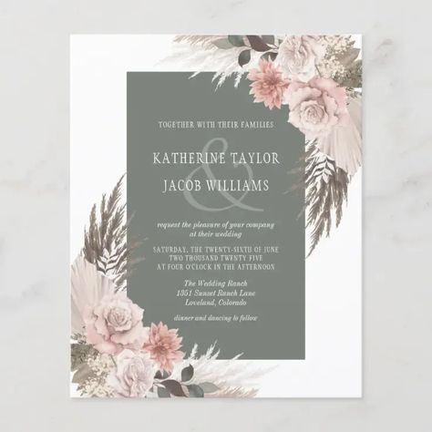 Budget Boho Floral Sage Green Wedding Invitation Sage Green Floral Wedding, Green Floral Wedding, Wedding Color Pallet, Pink Floral Wedding, Sage Green Floral, Dusty Rose Wedding, Grass Wedding, Sage Green Wedding, Green Wedding Invitations