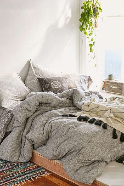 This jersey comforter that feels like a soft tee for your entire body—$169 | 19 Insanely Cozy Accessories That Will Make You Never Want To Leave Your Bed: Urban Outfitters Room, Unmade Bed, Boho Dorm Room, Boho Dorm, Decor Ikea, Blankets And Pillows, Apartment Life, Dorm Ideas, Humble Abode