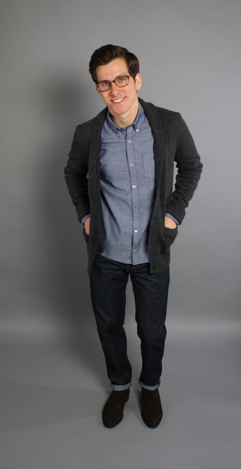 Blue Chambray Shirt Outfit #1: With a Shawl Cardigan and Boots Men Chambray Shirt Outfit, Chambray Shirt Outfit Men, Chambray Shirt Outfit, Chambray Outfit, Chambray Shirt Outfits, Chambray Shirt Men, Smart Casuals, Shirt Outfit Men, Fashion Tips For Men