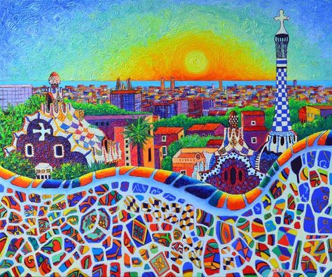 Gaudi Art, Parc Guell, Gaudi Architecture, Park Guell, Sunrise Colors, Modern Impressionism, Travel Drawing, Whimsical Paintings, Antoni Gaudi