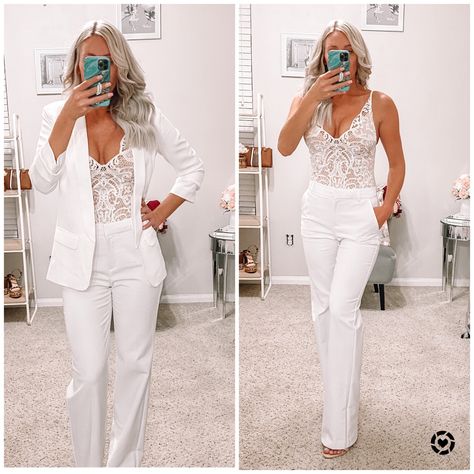 Shop at @dannawells white outfit, suit styles, lace bodysuit, blazer, white pants, slacks, ootd, ootn, chic, night outfit White Blazer Bachelorette Outfit, White Dress Shorts Outfit Classy, Women’s All White Outfit, All White Pants Outfit Classy, White Blazer White Pants Outfit, Slacks Outfit Party, Blazer And Lace Bodysuit Outfit, Blazer With Lace Bodysuit, White Pants And Blazer Outfit