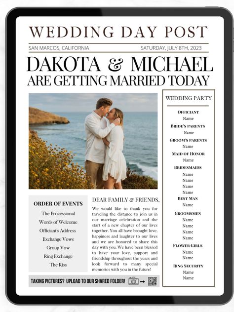 Meticulously crafted Newspaper Wedding Day Post Program Canva template – the perfect fusion of vintage elegance and modern design. Transform your special day into a captivating narrative, beautifully presented in the style of a classic newspaper. Wedding Day Post, Newspaper Wedding Invitations, Wedding Newspaper Program, Newspaper Wedding, Newspaper Program, Newspaper Wedding Programs, Wedding Infographic, Wedding Puzzle, Wedding Newspaper