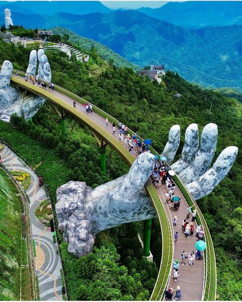 The Golden Bridge . Vietnam 🇻🇳 The Golden Bridge Vietnam, Golden Bridge Vietnam, Vietnam Landscape, Golden Bridge, Famous Bridges, Clever Captions, Dream Future, Amazing Places On Earth, Danang