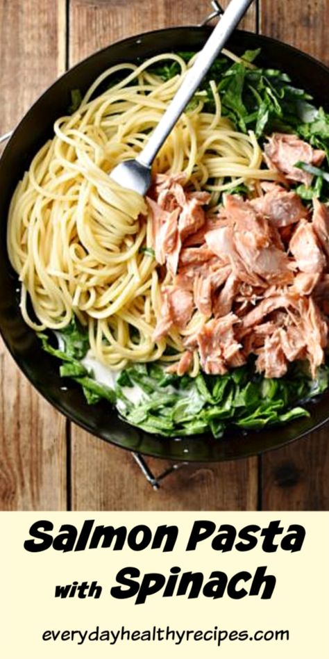 This healthy salmon pasta recipe with spinach is an easy and delicious way to use up leftover salmon creating a quick and nutritious meal the whole family will enjoy. Ready in 15 minutes! #salmonrecipes #leftoversalmon #salmonpasta #salmonspinach #healthysalmonrecipes #healthypastarecipes #easysalmondinner #everydayhealthyrecipes Leftover Salmon Recipes, Easy Salmon Dinner, Creamy Salmon Pasta, Salmon Pasta Recipes, Quick Salmon, Canned Salmon Recipes, Pasta With Spinach, Processor Recipes, Leftover Salmon