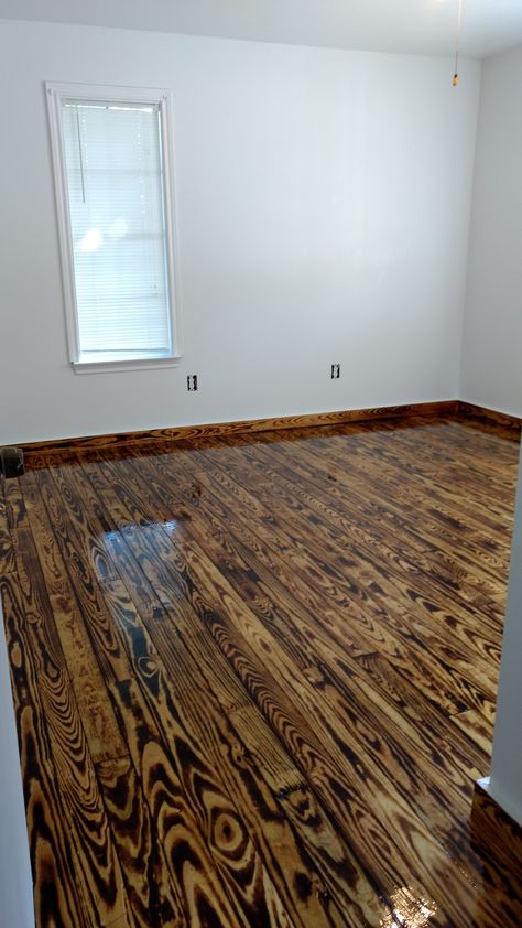 DYI 1x4 flooring. Yellow pine 1x4 burnt with a torch and polyurethane. Burnt Plywood Floor, Plywood Flooring Diy, Pallet Floors, Pine Wood Flooring, Diy Wood Floors, Plywood Floor, Plywood Flooring, Burnt Wood, Charred Wood