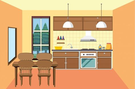 Kitchen with small dining area | Premium Vector #Freepik #vector #table-chairs #kitchen-cartoon #dining-room #dining-table Woman Washing Dishes, Sink Illustration, Vector Kitchen, Small Dining Area, Washing Dishes, Small Dining, Christmas Gift Box, Table And Chairs, Premium Vector