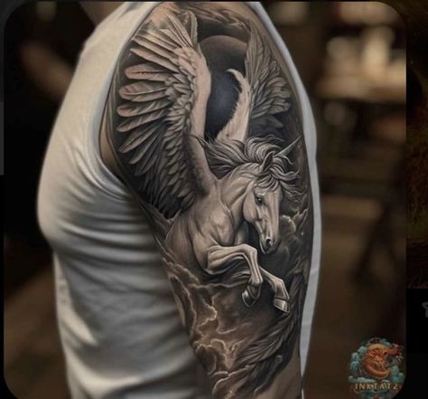 Pegasus Tattoo Design, Pegasus Tattoos, Troy Horse, Horse With Wings, Pegasus Tattoo, Tattoo Espalda, Gorgon Medusa, Horse Tattoo Design, Sea God