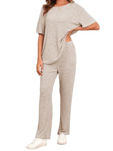 Famulily 2 Piece Outfits Pajamas Set for Women Ribbed Knit Matching Lounge Sets Short Sleeve Tops Wide Leg Pants with Pockets Outfits Pajamas, Lounge Wear Sets, Matching Lounge Set, Vest Blouse, Womens Summer Shorts, Leisure Suit, Hoodie Coat, Short Sleeve Tops, Trouser Style