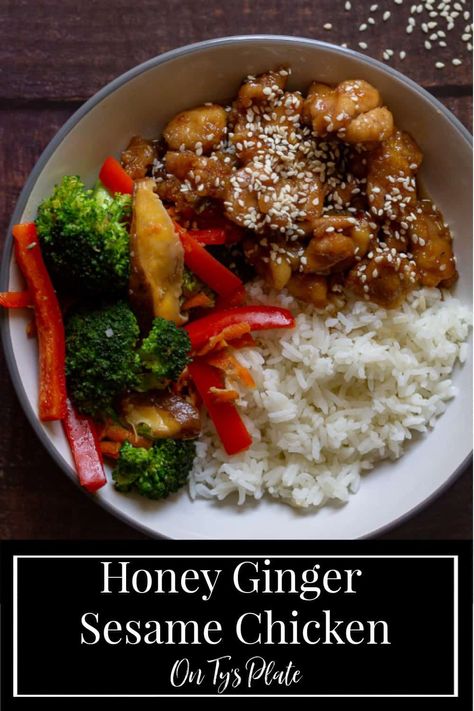 Honey Ginger Sesame Chicken—crispy ginger fried chicken made sticky and yummy with a sweet honey ginger sesame sauce with a side of stir-fried veggies. | On Ty's Plate Fried Veggies, Chicken Crispy, Friends Recipes, Honey Ginger, Sesame Sauce, Easy Asian Recipes, Japanese Recipes, Sesame Chicken, Veggie Stir Fry