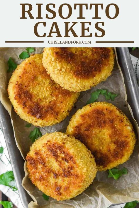 With just five ingredients, these leftover risotto cakes are an easy and delicious way to use leftover risotto. #risottocakes #risotto #appetizer | chiselandfork.com Chicken And Pumpkin Risotto, Chorizo Risotto, Leftover Risotto, Risotto Cakes, Pumpkin Risotto, Risotto Rice, Food Words, Non Stick Pan, Perfect Food