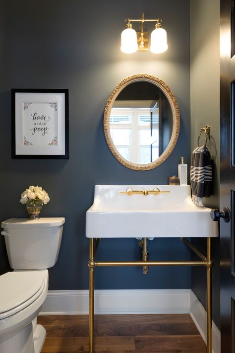 Navy Powder Room Ideas, Transitional Half Bath, Transitional Powder Room Ideas, Powder Room Tile, Transitional Powder Room, Half Bath Design, Luxury Hotel Bedroom, Half Bath Remodel, Powder Room Ideas