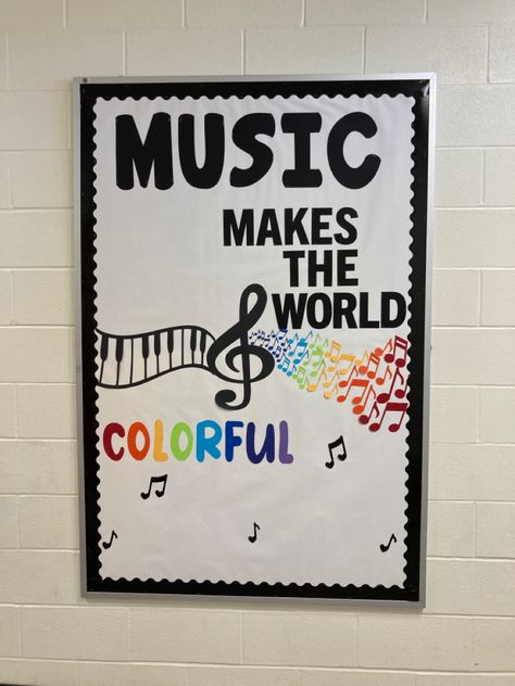 Music And Art Bulletin Board Ideas, Music Display Ideas, Music Class Decorations Ideas, Music Boards Bulletin Ideas, School Music Room Decor Ideas, Bulletin Board Ideas Music, Music Day Decorations School, Band Room Decor School, Music Room Bulletin Board Ideas