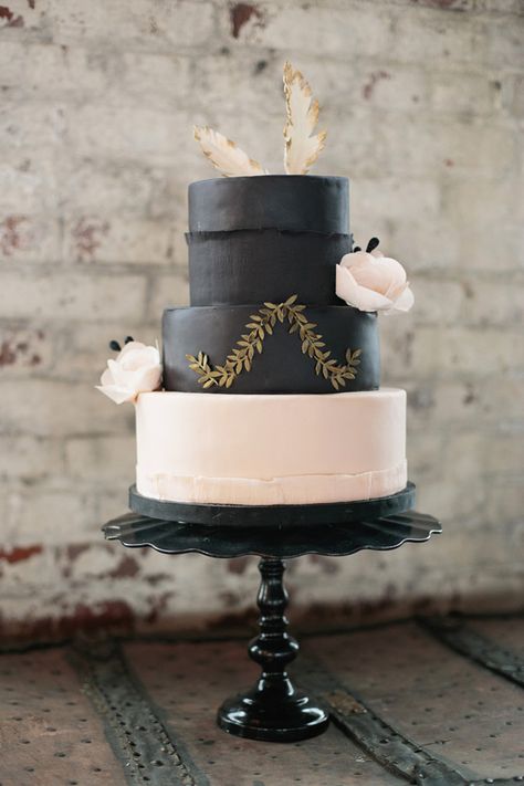 Pink, black, and gold wedding cake by Philadelphia baker Nutmeg Design | The Styled Bride; Photo by Hudson Nichols Photography Industrial Chic Wedding Decor, Industrial Wedding Cake, Wedding Cake Chic, Wedding Color Schemes Winter, Industrial Wedding Inspiration, Chic Wedding Decor, Industrial Chic Wedding, Black Wedding Cakes, Traditional Wedding Cake