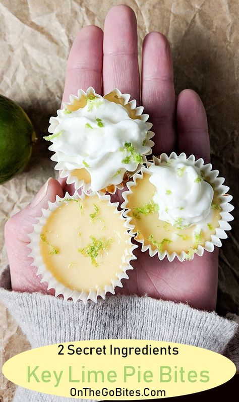 These cute mini key lime pie bites are a tangy dessert recipe.  Made with a graham cracker crust and a few simple ingredients.  Ready in under 30 minutes.  Use bottled key lime juice or fresh squeezed limes, sweetened condensed milk and eggs plus 2 secret ingredients that will bring this key lime pie recipe over the top.  OnTheGoBites.Com #summerdesserts #keylimepie Key Lime Pie Bites Mini, Recipes Using Key Lime Juice, Mini Key Lime Pie Bites, Key Lime Juice Recipes, Mini Key Lime Pie, Key Lime Pie Bites, Lime Juice Recipes, Key Lime Recipes, Mini Key Lime Pies