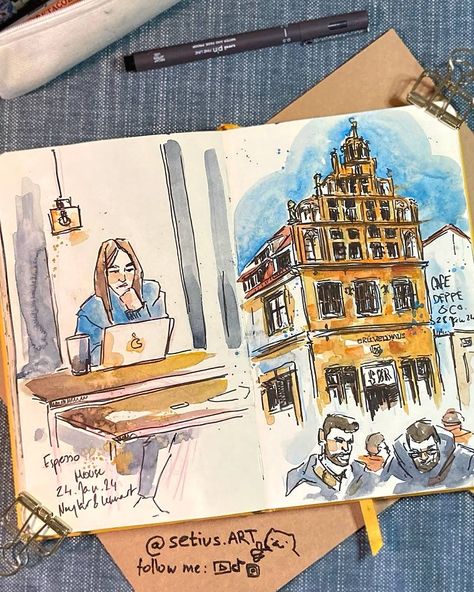 Take a look into my yellow travel and urban sketchbook! Can you guess the places? Page 37 Sketchbook Inspo Page, Holiday Sketchbook, Urban Sketchbook, Watercolour Journal, Sketching Inspiration, A Level Art Sketchbook, My Yellow, Travel Sketchbook, Urban Sketch