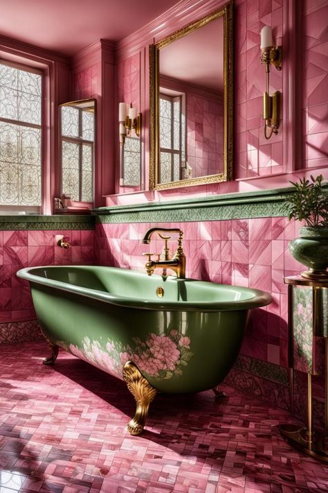 Bright Color Bathroom, Pink Bath Tub, Eccentric Bathroom, Pink And Green Bathroom, Bathrooms Decorations, Green And Pink Bathroom, Home Haunted House, Venus Mcflytrap, Haunted House Decor