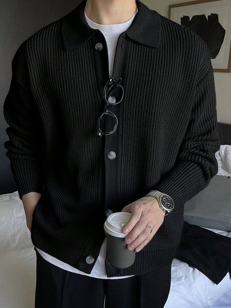 Men's Button-down Collar Cardigan Black Casual  Wrist-Length Sleeve Knitwear Plain  Slight Stretch  Men Clothing, size features are:Bust: ,Length: ,Sleeve Length: Bar Outfit Night Men, Meal Outfit, Stripes Outfit, Guys Fashion Casual, Black Outfit Men, Fall Guys, Baby Fall, Classy Outfits Men, Man Suit