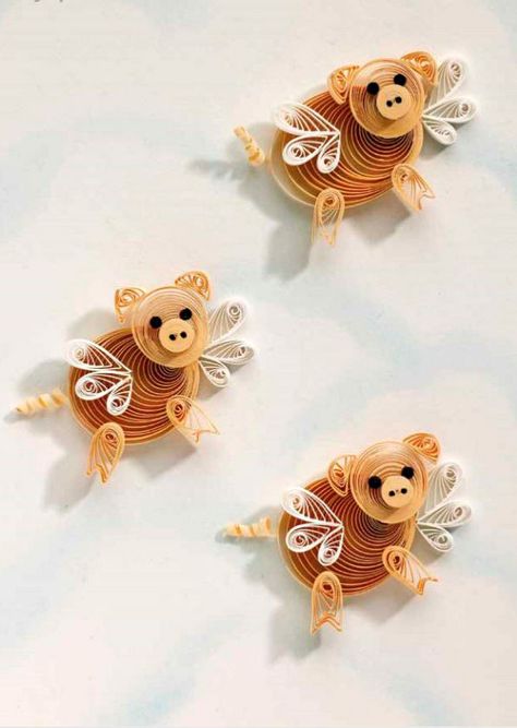 trio of flying pigs in Diane Boden's how-to book, Quilled Animals, is one of twenty cute designs included in this feature about the re-release of her book Quilling Animals Easy, Quilled Sheep, Paper Quilling Animals, Quilled Magnets, Quilled Animals, Quilling Patterns Tutorials, Quilling Flowers Tutorial, Quilling Supplies, Flying Pigs