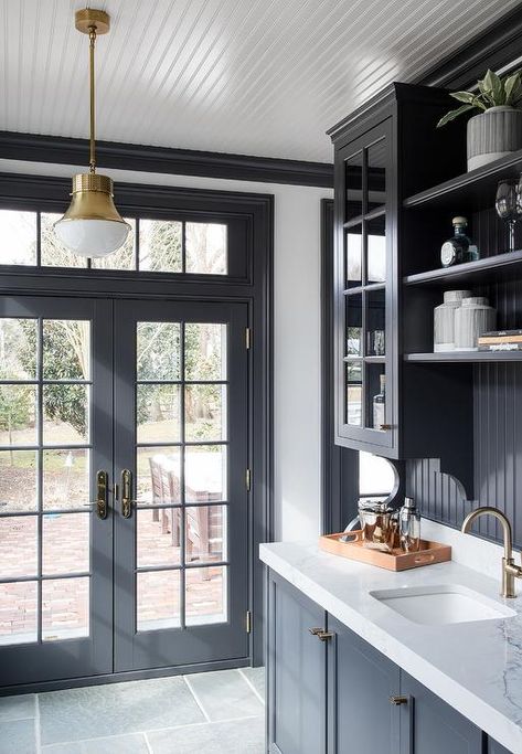 Black Beadboard Trim Backsplash with Black Shelves - Cottage - Kitchen Black Butlers Pantry, Black Beadboard Backsplash, Black Bead Board, Black Beadboard, Kitchen Beadboard, Beadboard Trim, Brick Backsplash Kitchen, Black Backsplash, Beadboard Backsplash