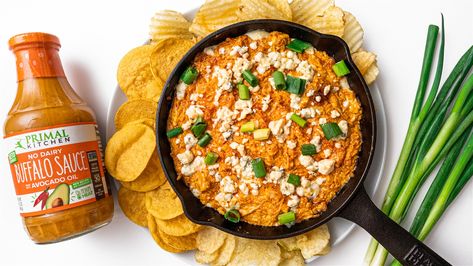 Keto Friendly Buffalo Chicken Dip – Primal Kitchen Primal Kitchen Buffalo Sauce, Keto Cobb Salad, Keto Buffalo Chicken Dip, Keto Friendly Chips, Baked Buffalo Chicken Dip, Cobb Salad Ingredients, Keto Buffalo Chicken, Juicy Chicken Breast, Baked Buffalo Chicken