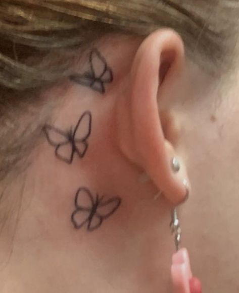 Three Butterflies Tattoo Behind Ear, Mini Behind The Ear Tattoo, Tattoo Behind Ear Girl, Butterfly Tatoos Behind The Ear, Tiny Butterfly Tattoo Behind Ear, 3 Butterfly Tattoo Behind Ear, Behind The Ear Butterfly Tattoo Ideas, Three White Butterflies Tattoo, Behind Ear Butterfly Tattoo